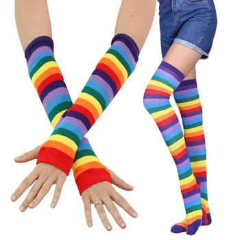 Moda Renkli Gökkuşağı Çorap Kol Kol Thumbhole Eldiven Seti Çizgili Baskılı Uyluk Diz Çorap Dans Çorap Kadın Cosplay