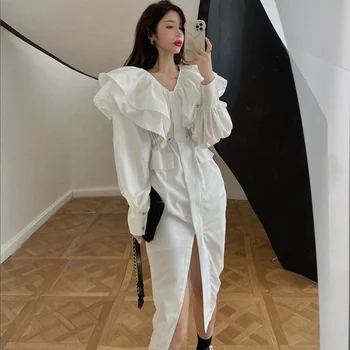 Moda Ruffled Elbise 2022 Sonbahar Yeni Zarif Uzun Kollu Midi Uzunluğu Gömlek Elbise Tunik Bel Ofis Bayanlar Casual Beyaz Elbise