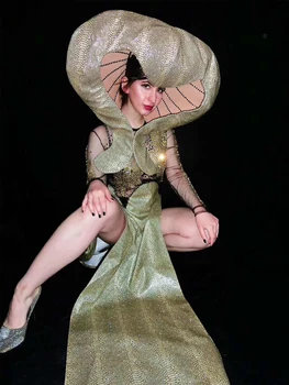Moda Shining Sequins Seksi Kadın Bölünmüş Elbise Headdress Şapka Gösterisi Sahne Kostüm Rave Festivali Parti Giyim Sürükle Kraliçe Giyim