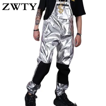 Moda yeni erkek Gümüş tek parça tulum gece kulübü bar şarkıcısı dansçı sahne gösterisi hip-hop pantolon erkek Önlük pantolon S-5XL