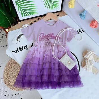 Moda Çocuk Kız Katmanlı Elbise 2022 Yaz Kısa Kollu Dantel Tül Prenses Kız Elbise Doğum Günü Partisi için Çocuk Giysileri