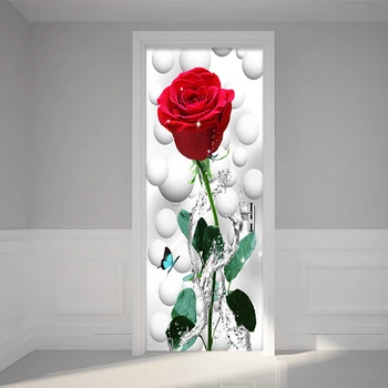 Modern Basit Kırmızı Gül çiçekli duvar kağıdı Duvar Kapı Duvar PVC Kendinden Yapışkanlı Su Geçirmez Oturma Odası Yatak Odası Sticker 3D Papel Tapiz