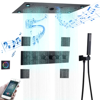 Modern Mat Siyah LED Duş Sistemi Banyo Banyo Müzik Termostatik 620x320mm Musluk Yağmur Sis duş başlığı seti Masaj
