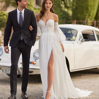 Modern düğün elbisesi Yan Bölünmüş Puf Kollu Sevgiliye Robe De Mariage 2022 Nouveauté Şifon Sweep Tren Vestido De Noiva