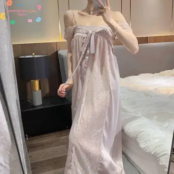 Mor Örgü Spagetti Kayışı Kadın Prenses Elbise Vintage Dantel Işlemeli Gecelik Peri Hanfu Gecelik Tatlı Yay Sleepshirt