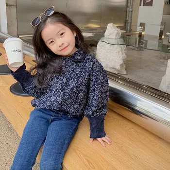 MİLA CHOU 2021 Kış Bebek Kız Kore Kalın Sıcak Polar Çiçek Lacivert Gömlek Çocuk Kadife Üst Tüm Maç Gömlek Çocuk Giysileri