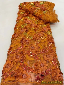 Nijeryalı Sequins Dantel Kumaş 2023 Yüksek Kaliteli Turuncu Afrika Tül Nakış Kumaş düğün elbisesi Dikiş Örgü Dantel 5 Metre