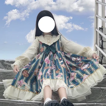 Ode Noel Penguen Baskı Sevimli kadın Lolita OP Elbise Uzun Kollu Denizci Yaka Tek Parça Orijinal Tasarım