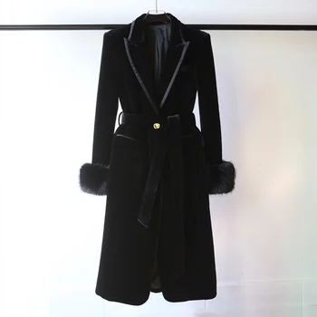 Ofis Bayanlar Vintage Zarif Kadife Uzun Coat Kalınlaşmak Sıcak Kış Parkas Tek Düğme Kemer Slim Fit Moda Kadın Palto