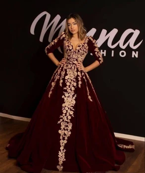 Orta Doğu Kaftan Kadife Akşam Elbise A-Line Yarım Kollu Altın Aplike Arapça Dubai Abaya Bordo Örgün Parti Ünlü Elbisesi