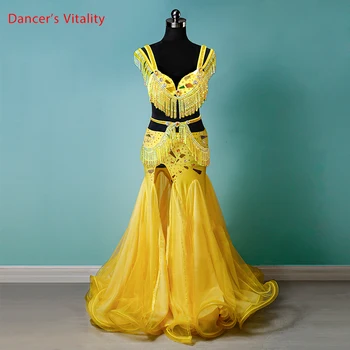 Oryantal Dans Elbise Püskül Sutyen Elmas Çivili Bölünmüş Uzun Etek Performans Giyim Meslek Özel Kadın Çocuk Rekabet Seti