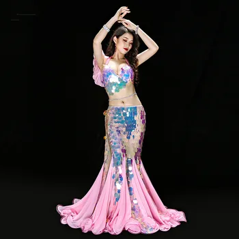 Oryantal dans Elbise Mermaid Seksi uzun elbise Pullu Bayan Oryantal Oryantal Dans Kostümleri Dans Kıyafetleri Sutyen+etek Takım Elbise