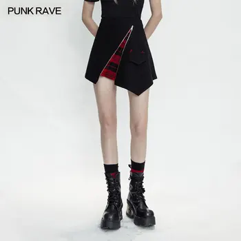 PUNK RAVE kadın Punk Tarzı İki Aşınma A-line Yarım Etek Ekose Ekleme Oynak Yavru Kulak Dekorasyon Yüksek Bel Kot Etekler