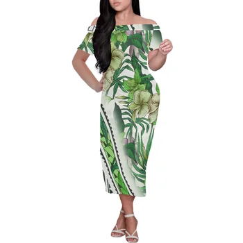 Parti Gece Bayanlar Samoalı Giyim Yaz Kapalı Omuz Seksi Backless Maxi Elbise Zarif Ada Giyim Kadın Çiçek Baskı Elbise