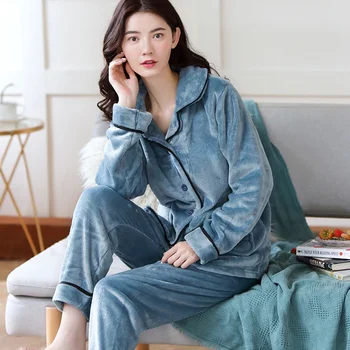 Pazen Pijama kadın Sonbahar ve Kış Mercan Kadife Yeni Ev Giysileri Peluş Kalınlaşmış Sıcak Takım Elbise Pijama