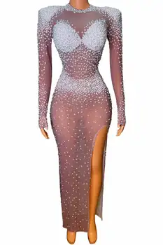 Peals Rhinestone Elbise Kadınlar Maxi Uzun Kollu Doğum Günü Partisi Marka Elbiseler Sürükle Kraliçe Kıyafet See Through Sahne Giyim 2022 Yeni