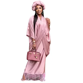 Pembe 2 Parça Setleri Kıyafet Kadınlar İçin Afrika Elbiseler Ön Çapraz Üst Ve Spagetti Püskül İç Elbise Dashiki Parti Kıyafeti 2023