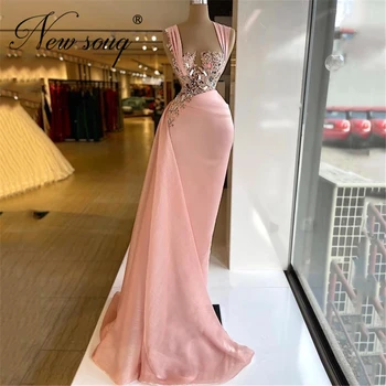 Pembe Boncuklu Aplikler kutlama elbiseleri Couture Dubai Uzun Mermaid Kokteyl Elbisesi Gece Elbisesi 2022 Kırmızı Halı Elbise balo kıyafetleri