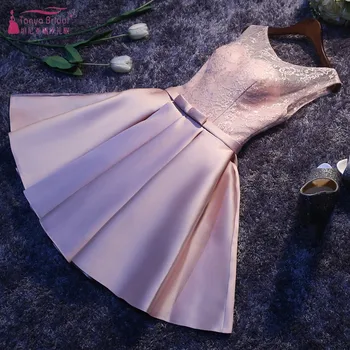 Pembe Gelinlik Modelleri Dantel Saten Kısa Diz Boyu Zarif Elbise Kadınlar İçin Düğün Parti Hizmetçi Onur Elbiseler JQ30