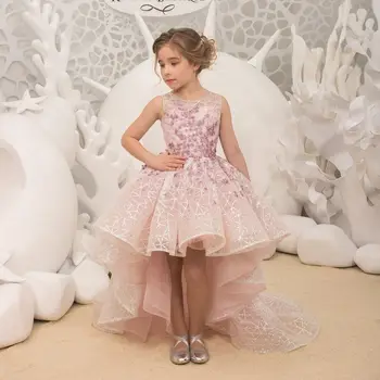 Pembe Yüksek Düşük Çiçek Kız Elbise Sparkly Parlak Tül Parti Çocuklar Doğum Günü Önlük Toddler Çöp Kız Photoshoot Pageant Giyer