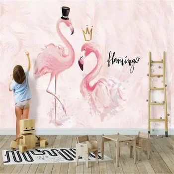 Pembe çift flamingo çocuk odası arka plan duvar profesyonelce yapılmış duvar resimleri, duvar kağıdı toptan, özel poster fotoğraf duvar