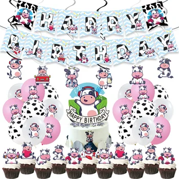 Pembe İnekler Doğum Günü Partisi Malzemeleri Tek Kullanımlık Set Afiş Ckae Topper Sling Bebek Duş Kız Favor Balon Parti Dekorasyon