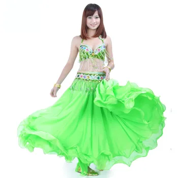 Performans Yeşil Kadın Giyim Profesyonel 3 adet Kıyafet Sutyen Kemer Etek Uzun Oryantal Boncuklu oryantal dans kostümü
