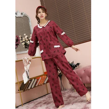 Pijama kadın ilkbahar ve sonbahar pamuk uzun kollu prenses tarzı ev hizmeti Kore ekose 2 ADET şarap kırmızı fener kollu pijama