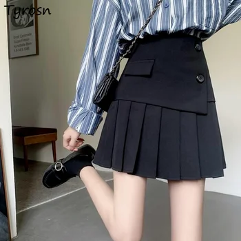 Pilili Mini Etekler Kadın Kore Moda Tiki Tarzı Yüksek Bel Tüm Maç Yaz Streetwear Şık Eğlence Yeni Mizaç Siyah