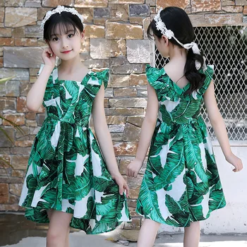 Plaj Kare Yaz Kızlar Püskül Puf Kollu Elbiseler Baskı Sevimli Çocuklar Parti Elbiseler Çocuklar Kızlar için Prenses Elbise Üstleri Giysi