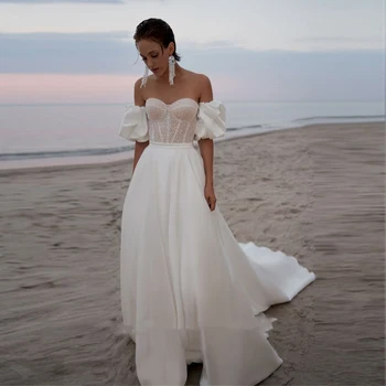 Plaj Saten düğün elbisesi Zarif A-Line Sevgiliye Boyun Kısa Kollu Backless Boncuklu gelin kıyafeti Vestido De Novia 2022