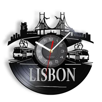 Portekiz Lizbon Cityscape Vinil Kayıt Duvar Saati Portekizce LED Ev Dekor Sermaye Şehir Avrupa Skyline Modern Sanat Saatler