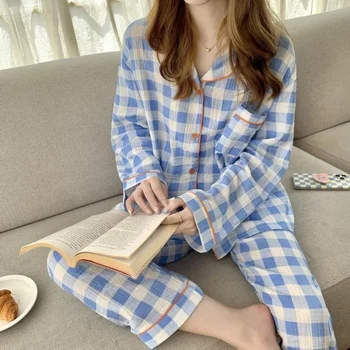 QWEEK Pamuk kadın Kıyafeti Kore Pijama Ekose Pijama Kadın Seti Kadın 2 Parça Pijama Uzun Kollu Pijama Ev Takım Elbise Pjs