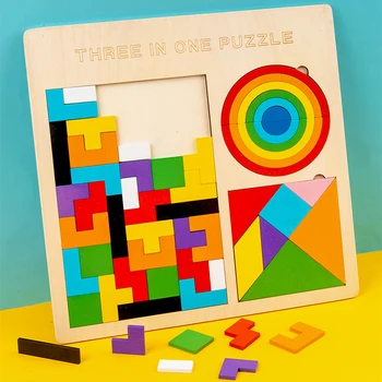 Renkli 3D Bulmaca Ahşap çocuk oyuncakları Geometrik Şekil Sihirli Tangram Çok Fonksiyonlu Bulmaca Kurulu Erken Eğitici çocuk için oyuncak