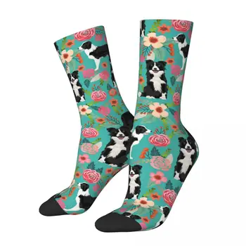 Renkli Sınır Collie Köpek Vintage Florals futbolcu çorapları Hayvan Polyester Ekip Çorap Unisex Ter Emici