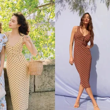 Retro Polka Dot Yarık Bel Yelek Etek Zarif V Boyun Fransız Elbise Kadınlar Vintage Kolsuz Kızlar Yaz Elbiseler Ince Vestidos