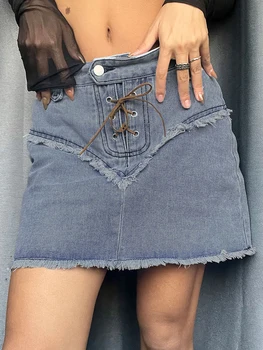 Rockmore Vintage Jean Etekler Kadın Y2K Estetik Yüksek Belli Dantel-Up Kot Etek Streetwear Casual Seksi Mini Etek Harajuku