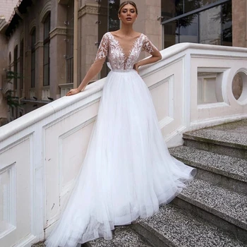 Romantik Boho Bir Çizgi düğün elbisesi Derin V Boyun Illusion Uzun Kollu Aplikler gelinlikler Prenses Aç Geri Tül gelinlik