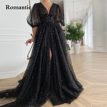 Romantik V Yaka Siyah Gece Elbisesi Altın Dantel Aplikler Puf Kollu A-Line Balo Abiye Mezuniyet Parti Elbise 2022 Abendkleider