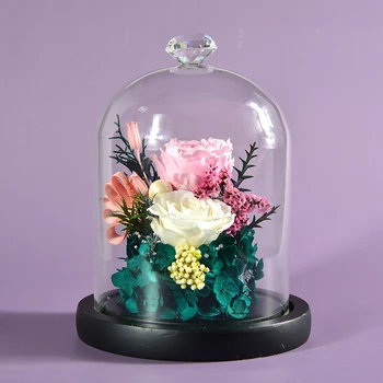 Romantik sevgililer Günü Hediyeleri Renkli Gül Buketi 2022 Ev Dekor Kurutulmuş Çiçekler Cam Kubbe led ışık Düğün Dekorasyon