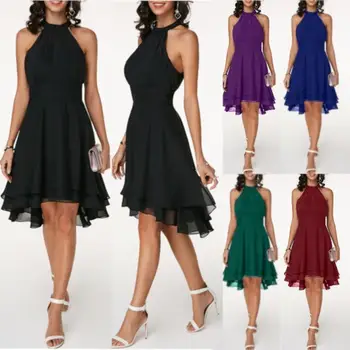 S-5xl yaz elbisesi Kadınlar Zarif Düz Renk Yumuşak Halter Kolsuz Asimetrik Hem Parti Elbise Kız Kadın Giyim Elbiseler