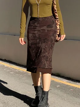 SABİNAX Yüksek Belli Retro Örgü Baskılı Orta uzunlukta Etek Casual Vintage Kahverengi Uzun Etek 2022 Yaz Bahar kadın giyim