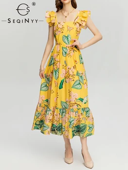 SEQINYY Sarı Midi Elbise Yaz Bahar Yeni Moda Tasarım Kadın Pist Yüksek Sokak Vintage Çiçekler Baskı Ruffles Poacket Rahat