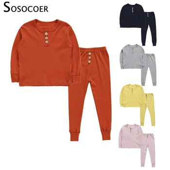 SOSOCOER Toddler Kız Giysileri Set Uzun Kollu Düz Renk Takım Elbise Kızlar için T Shirt Pantolon 2 adet Çocuk giyim setleri Nervürlü Kıyafetler