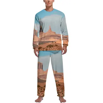 Sakin Çöl Pijama Mavi Gökyüzü Baskı Rahat Pijama Erkekler 2 Parça Baskı Uzun Kollu Moda Pijama Setleri