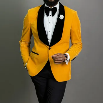 Sarı Kadife Düğün Smokin Siyah Pantolon ile 2 Parça slim fit uzun kollu erkek gömlek Takım elbise Balo Afrika Erkek Moda Blazer 2022