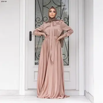 Saten Müslüman Bayan Elbise Yaz Moda İnce Yüksek Bel uzun elbise Dubai Abaya Türkiye İslam Giyim Akşam parti giysileri Elbise