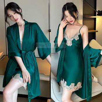 Seksi Dantel Trim Düğün Elbise Gecelik İki Parçalı Set Kadın Kimono Bornoz Kıyafeti Pijama İlkbahar Yaz Rahat Ev Soyunma