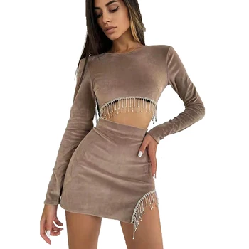 Seksi Rhinestones Püskül İki Parçalı Etek Setleri 2022 Uzun Kollu Kısa Üst + Bölünmüş Mini Elbise Takım Elbise Zarif 2 Parça Set Kadın Seti