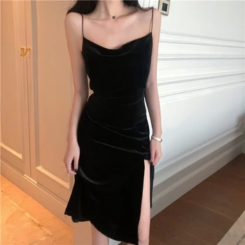 Seksi Sling Backless Kolsuz Elbise Siyah Kıyafeti Yarık İlkbahar Yaz Yeni Y2k Kadın Giyim Kız Commuting Vestidos Parti Vintage